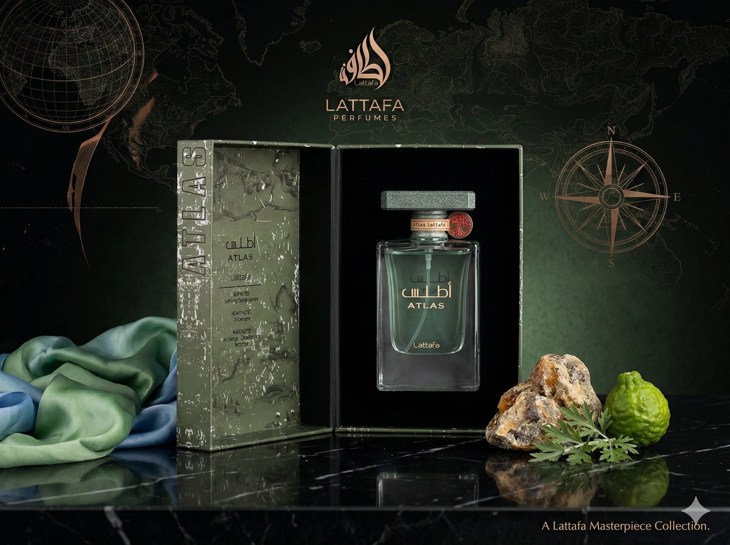 Lattafa perfume bottle and packaging on a dark surface with decorative elements.