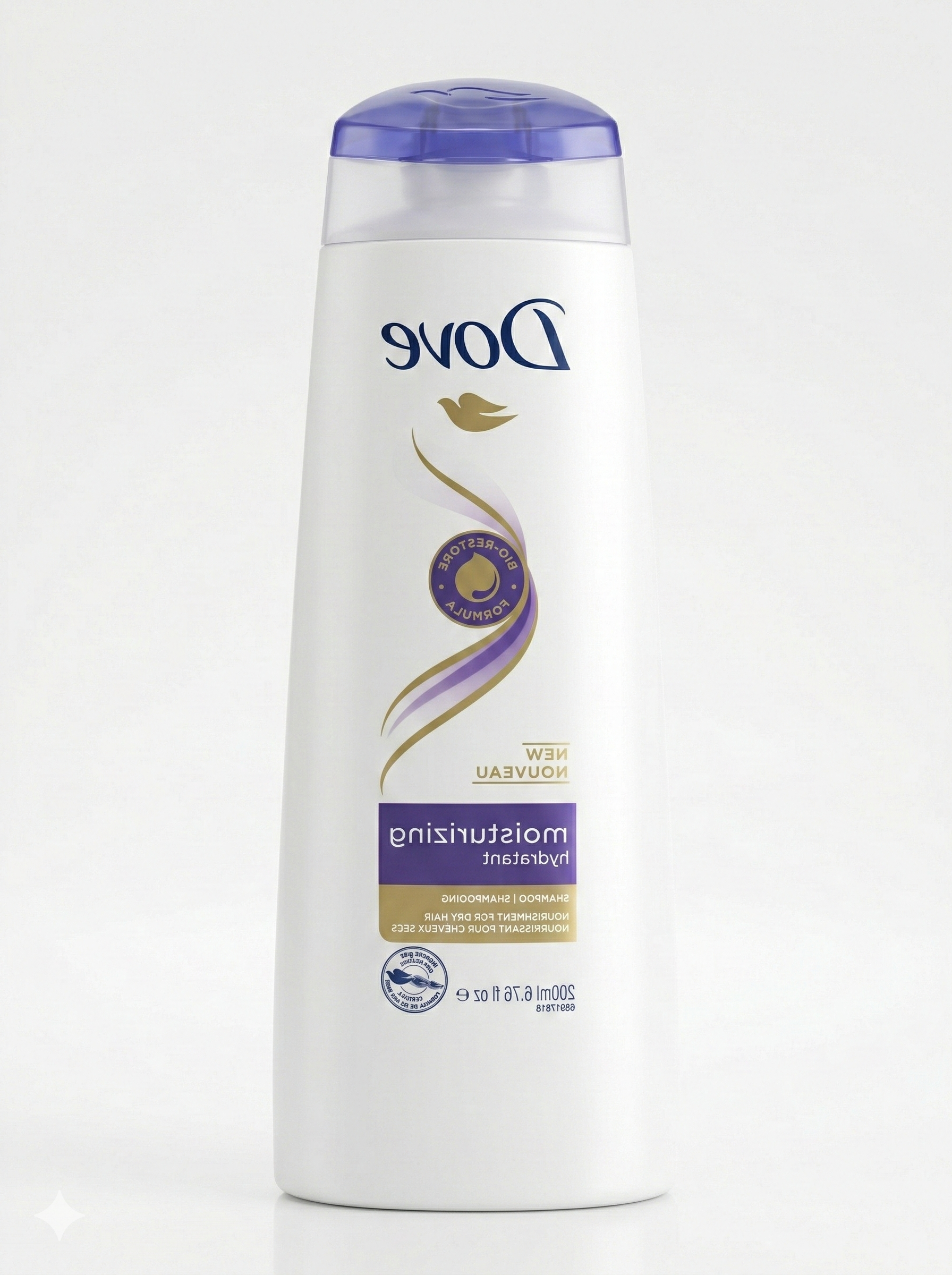 Dove moisturizing shampoo bottle on a white background