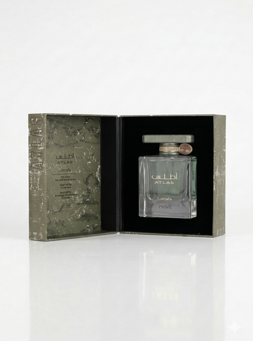Perfume bottle with packaging on a white background