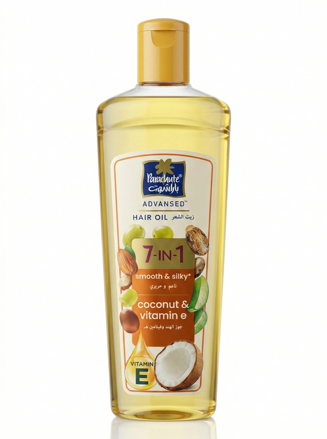 Hair oil bottle with coconut and vitamin E label on a white background