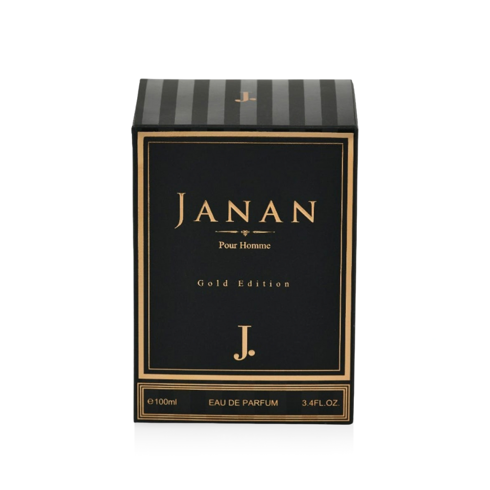 Black and gold perfume bottle with 'JANAN Gold Edition' label on a white background