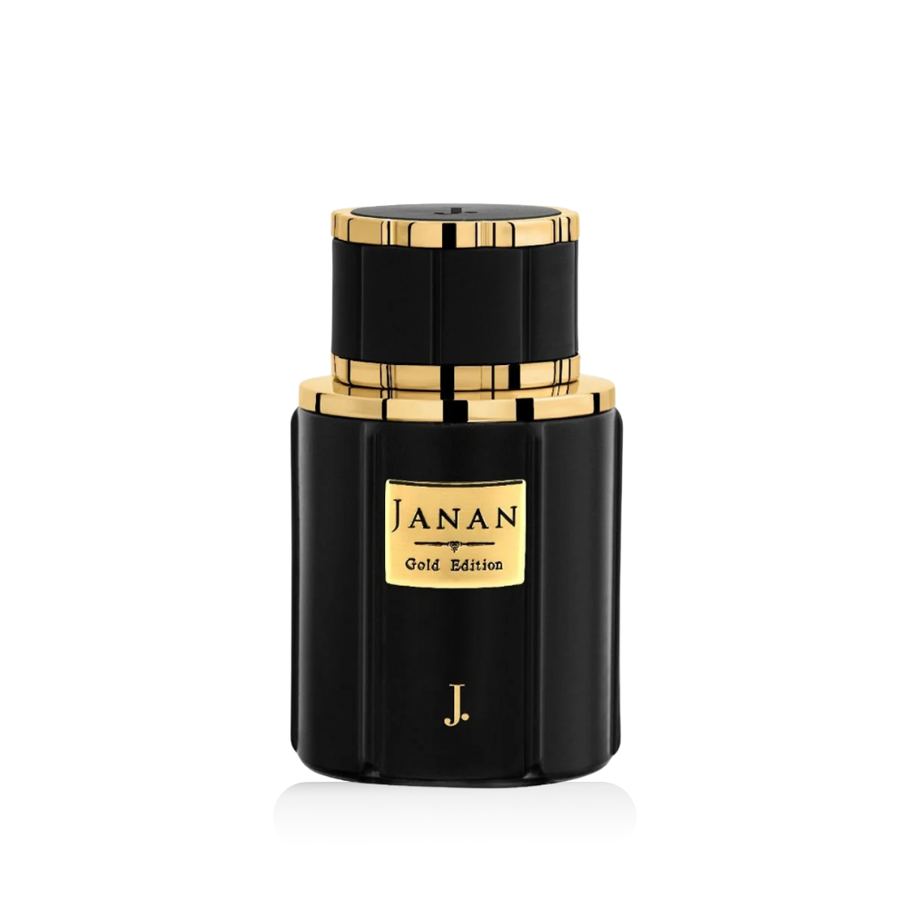 Black and gold perfume bottle with 'JANAN Gold Edition' label on a white background
